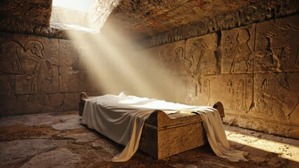 Ancient tomb interior featuring a stone sarcophagus with white cloth and hieroglyphics, illuminated by bright sunlight streaming through ceiling. - Powered by Adobe