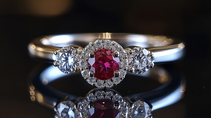 Elegant ruby and diamond ring in white gold with halo setting and classic three-stone design.