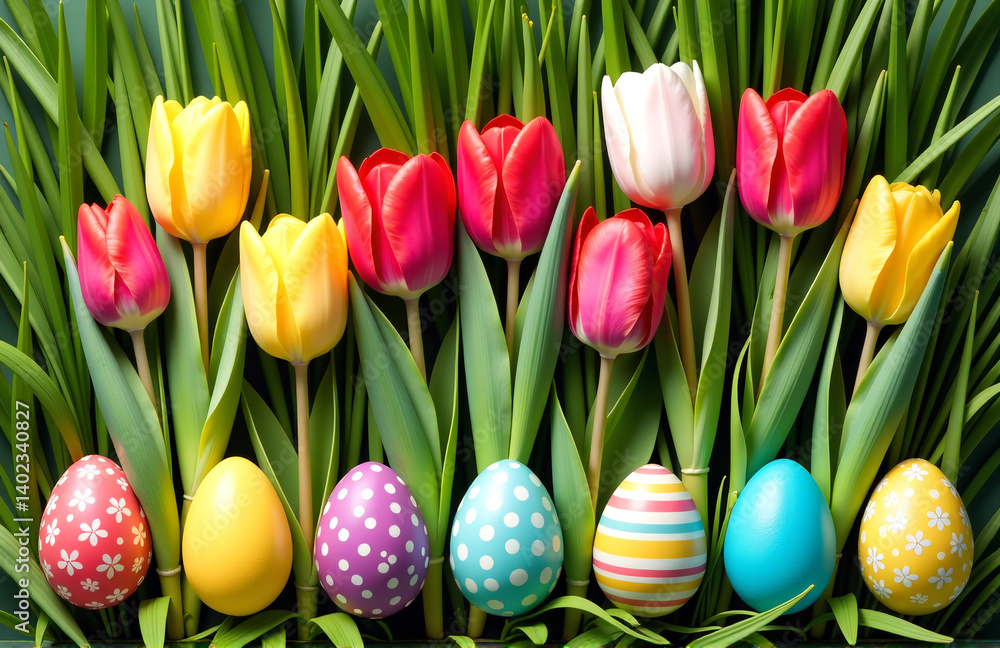 Poster Fresh Tulips Are Beautifully Arranged With Colorful Easter Eggs In A Vibrant Display On A Lush Green Backdrop.