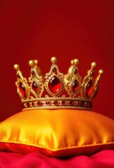 Golden crown with red gems on a golden pillow, red background, ancient, object, gold
