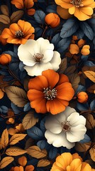 Vibrant Floral Pattern Phone Wallpaper Orang White and Dark Blue Flowers with Leafy Accents on Dark Background | Vertical HD Aesthetic

