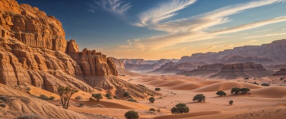 Fototapeta premium Golden sunset over vast desert landscape in Wadi Rum showcasing stunning rock formations and soft sand dunes.