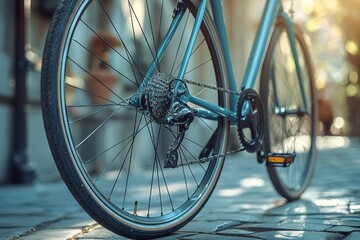 Close-up of a modern bicycle wheel and gear system in soft sunlight