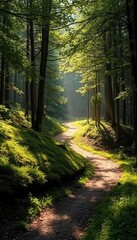 Obraz premium Misty forest path winds through layered hills, sunlight dappling the leaves, mysterious, journey