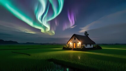 a small charming house in the middle of a vast rice field at night, under a starry sky illuminated by vibrant northern lights, soft moonlight casting gentle shadows over the lush green paddies.