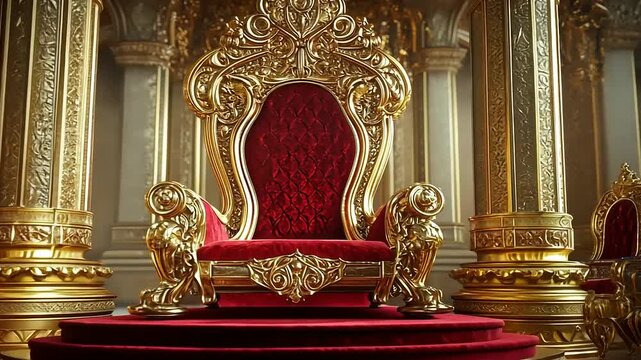 Ornate golden throne in lavish palace interior with red velvet upholstery and intricate decor