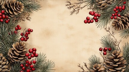 Christmas background with pine cones and berries on kraft paper illustration