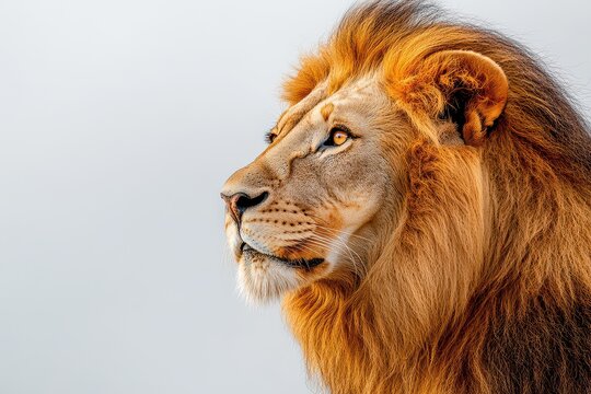 Majestic lion in profile against a neutral backdrop, showcasing its vibrant mane and fierce gaze
