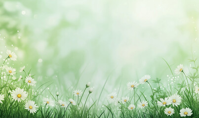 White daisies with yellow centers blossoming in a peaceful grassy field.
