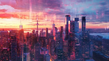 Fototapeta premium Vibrant sunset reflection toronto skyline digital artwork urban environment aerial view cityscape concept for seo impact illustration