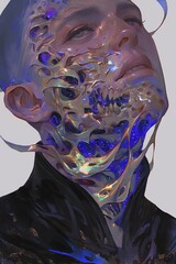 Blurred dynamic figure with two merged faces, glowing collars, and overlapping mushroom tattoos in surreal animated realism.