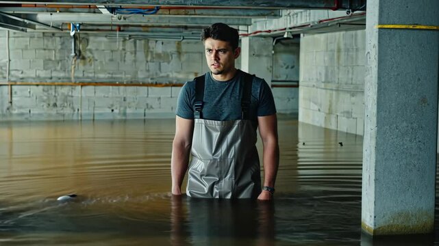 Concerned man in waterproof overalls standing in flooded basement or underground parking garage. Disaster recovery and cleaning up after flood damage.