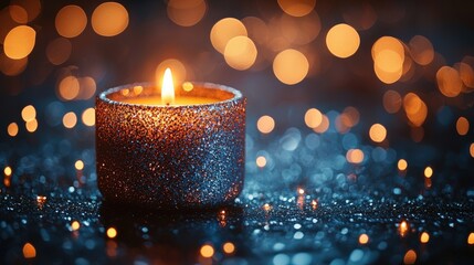 Elegant and sophisticated dark blue background adorned with golden bokeh lights, perfect for wedding or special event decor, creating a romantic and luxurious ambiance.