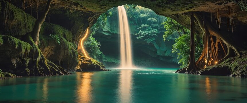A magical hidden cave with a glowing waterfall flowing into a secret lagoon