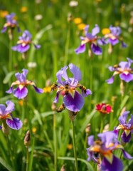 Busy bees gather nectar from vibrant purple irises in a lush green meadow, colorful, delicate