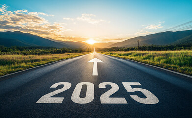 2025 goal concept on highway, symbolizing vision, action, and growth direction.