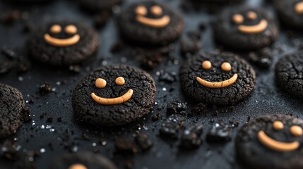 Smiling Cookie Crumbs Tiny cookie crumbs with smiling faces scattered on a clean solidcolored surface Photography copyspace Charcoal Grey Chrome A sleek dark grey paired with reflective chrome for a.