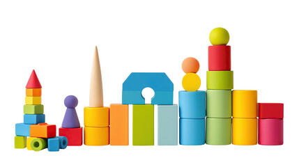Creative arrangement of colorful wooden building blocks for kids on a white background