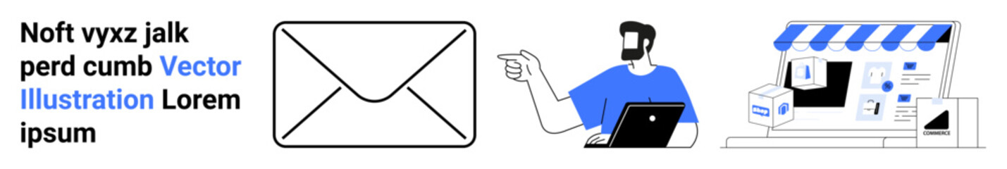Envelope icon, man with laptop pointing at online storefront surrounded by delivery elements. Ideal for e-commerce, marketing, email campaigns, online business, customer interaction, product