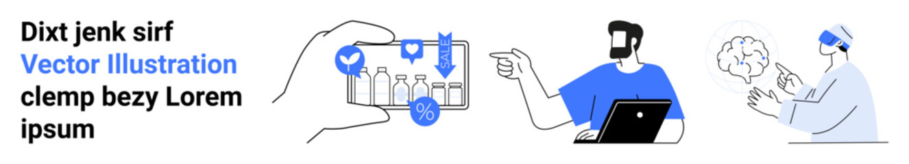 Hand holding a smartphone with app icons, man working on a laptop, and scientist analyzing AI brain prototype. Ideal for technology, innovation, AI, data visualization, collaboration, apps flat