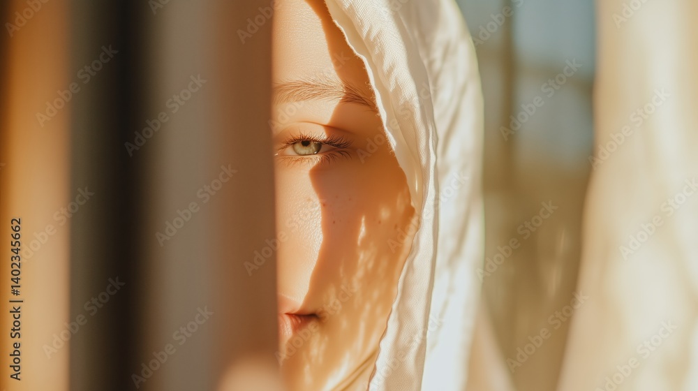 Aufkleber soft sunlight filters through curtains, illuminating a youthful face with a serene expression in a c