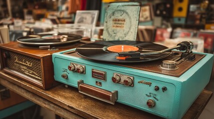 Naklejka premium Retro Vinyl Records and Turntables Displayed in Music Store – Overhead View of Vintage Music Setup on Wooden Furniture for Nostalgic Audio Lovers
