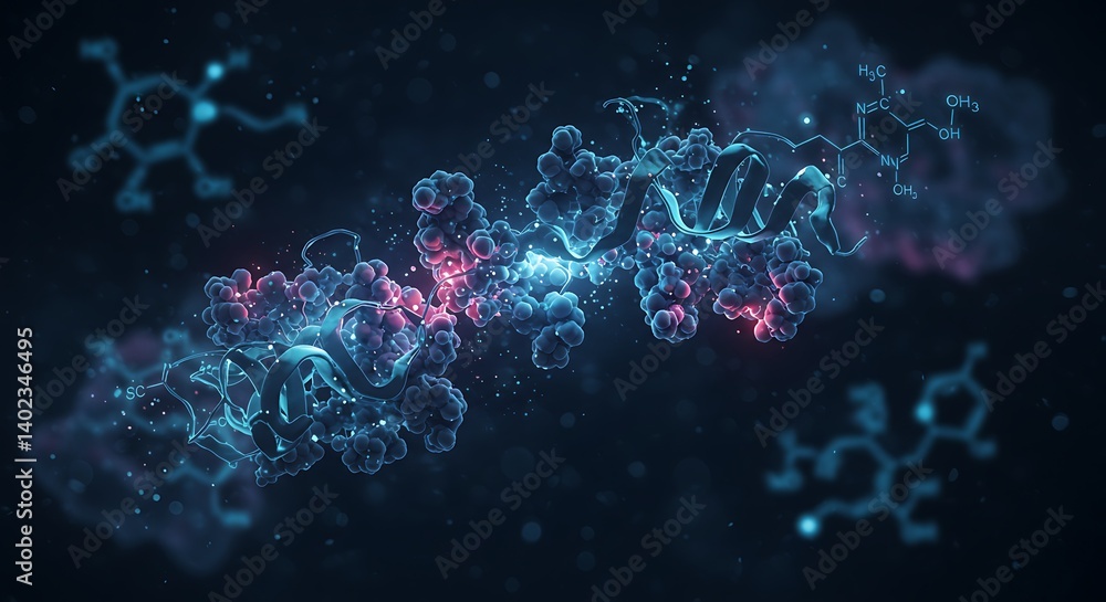 Poster molecular structure representation with dna helix and formulas for science