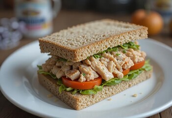 A close-up of an open sandwich with whole grain bread and canned tuna