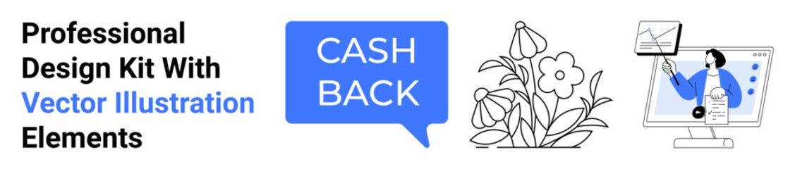 Cashback speech bubble, elegant floral motif, professional character analyzing graphs. Ideal for finance, marketing, e-commerce, education, nature, creativity flat landing page banner