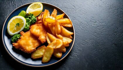 fish and chips with garnish at plate background