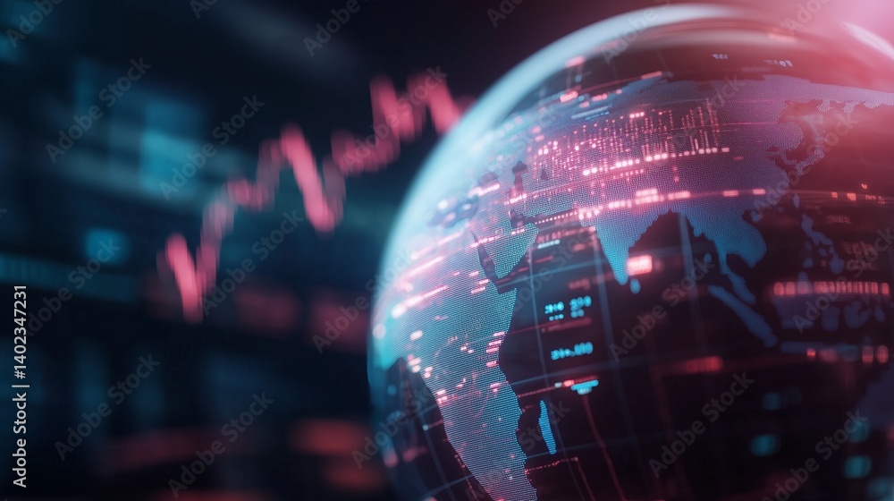 Poster visualization of global financial data with digital elements representing market trends and analytic