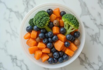 A baby's plastic bowl filled with a colorful and healthy puree of vegetables and fruit.