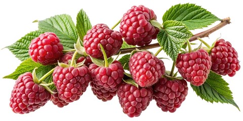 A Branch of Fresh Ripe Raspberries with Green Leaves Isolated on White Background