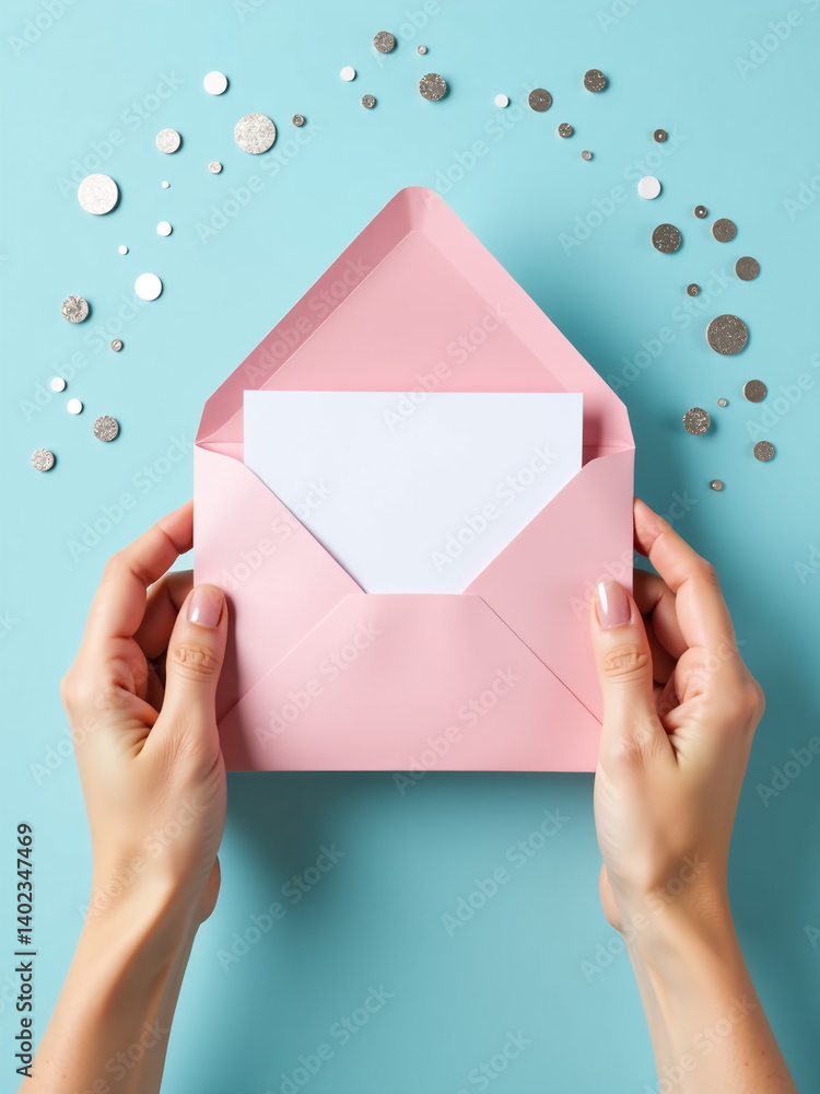 Poster hands hold open a light pink envelope with a white card on a pale blue background featuring shimmeri