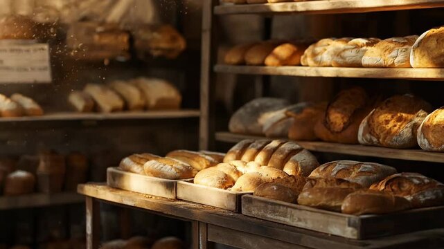 A rustic bakery shelf filled with a variety of freshly baked artisan bread loaves, warmly illuminated by natural sunlight. The image evokes a sense of homemade quality, tradition, and comfort.