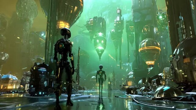 Sleek humanoid robots explore a vast, futuristic megacity filled with glowing structures, towering architecture, and floating platforms. The scene captures a high-tech vision of a robotic civilization