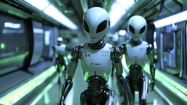A group of sleek humanoid robots with alien-like features walks in unison through a high-tech corridor illuminated by green and blue neon lights. The image conveys a futuristic and sci-fi atmosphere