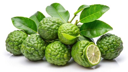 Obraz premium Aromatic Kaffir Lime Fruits with Lush Green Leaves on White Background
