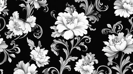 Elegant white floral pattern on a black background. illustration