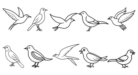 A Set Of Birds Bundles Line Art Vector Illustration | Elegant Bird Outlines, Minimalist Bird Sketches, Hand-Drawn Bird Clipart, Vintage Bird Graphics, Nature-Inspired Bird Designs for Logos, Stickers.