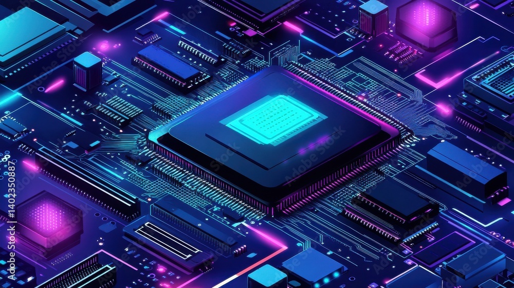 Poster monochrome electronic cpu digital chip, processor and electronic components on a motherboard or circ
