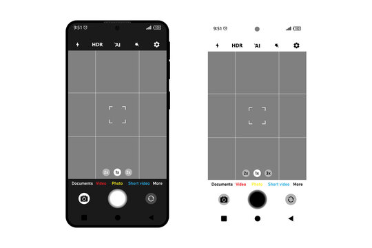 Camera interface in phone screen. Photo, video ui in cellphone. App for record from mobile cam. Viewfinder, grid, focus, button and rec. Smartphone mockup for photography, selfie and video. Vector.