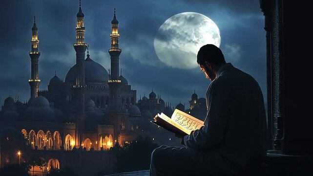 man reading the quran bonding to god with mosque background, muslim man reading the quran, man reading the quran in a serene mosque setting, footage, 4k footage, videos, video clip, slow motion
