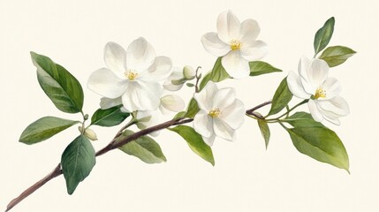 Watercolor painting of a white orchid branch with green leaves illustration