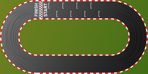 Circuit finish line racing background top view illustration. Kart Car racing on an asphalt road. Vector