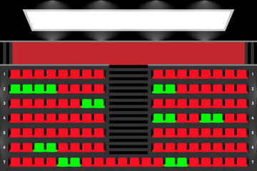 Cinema seats booking online ui design scheme or film movie theatre places reservation template layout vector flat cartoon illustration, theater places map choose ui top view. Vector illustration