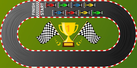 Circuit finish line Pro racing background top view illustration. Trophy Flags Kart Car racing on an asphalt road. Vector