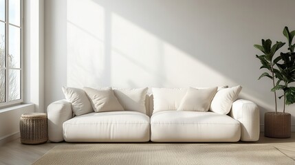A cozy living room features a plush white sofa and natural light pouring in through large windows. The minimalist decor creates a serene and inviting environment.