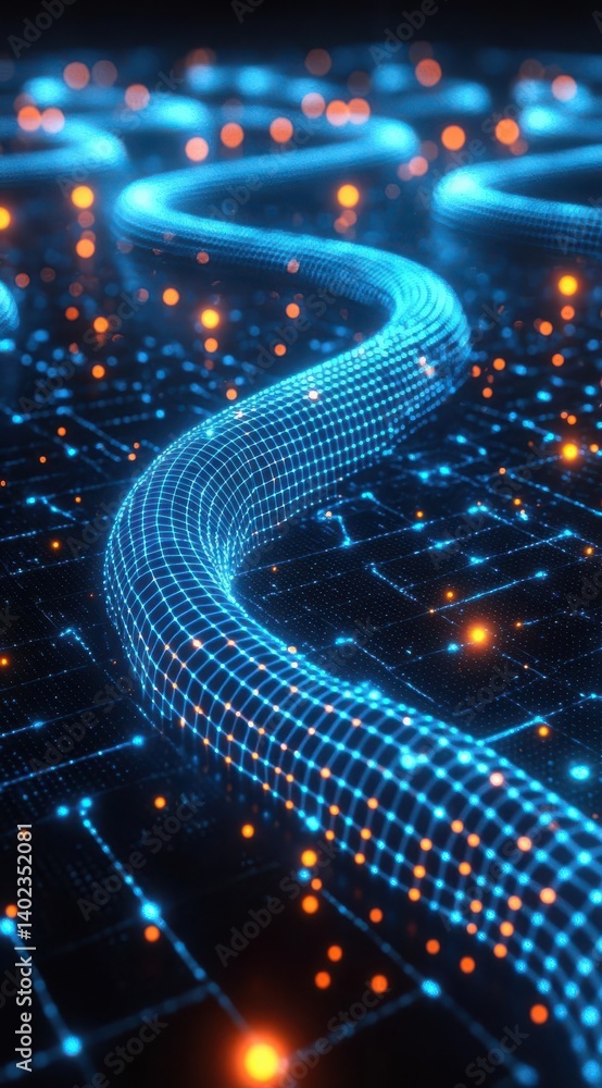 Poster futuristic digital landscape with glowing lines and particles, representing data flow and connectivi