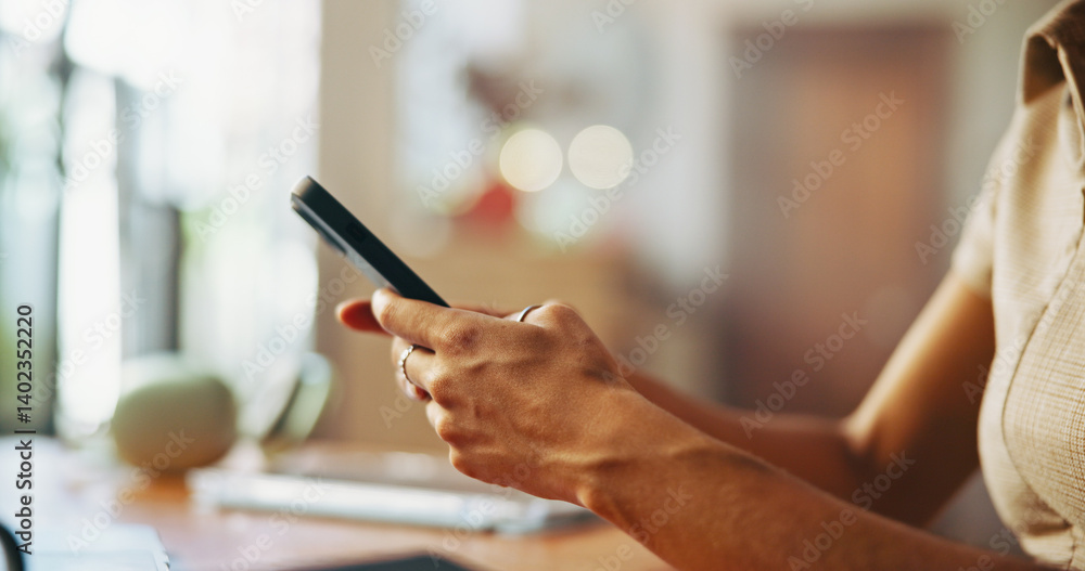 Poster typing, cellphone and hands of person in home for social media, internet and online networking on we